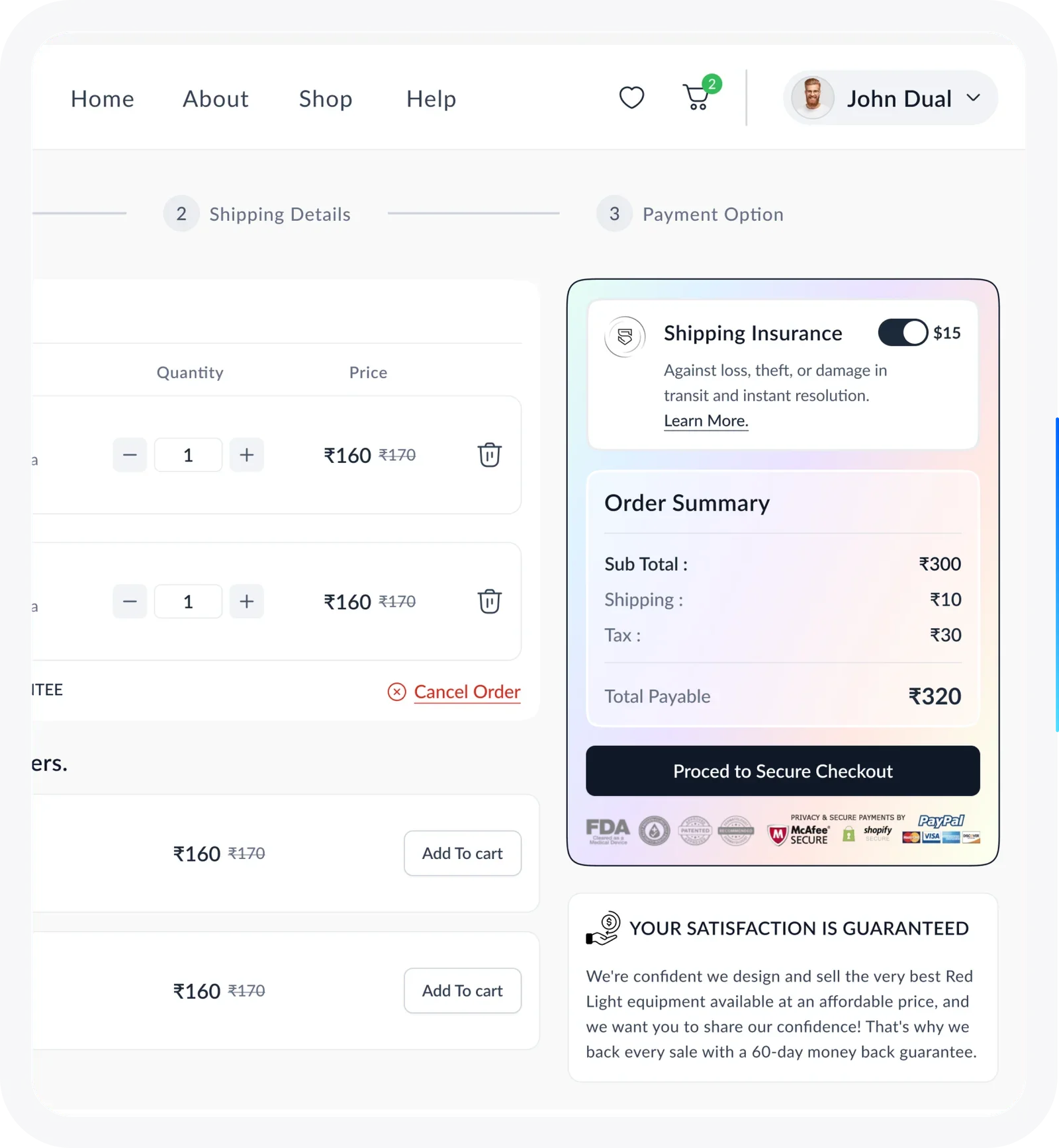 Shopify checkout flow with SHIELD Insurance offered as a fifteen-dollar shipping protection add-on