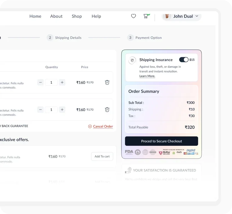 Shopify checkout view with the SHIELD Insurance shipping protection toggle