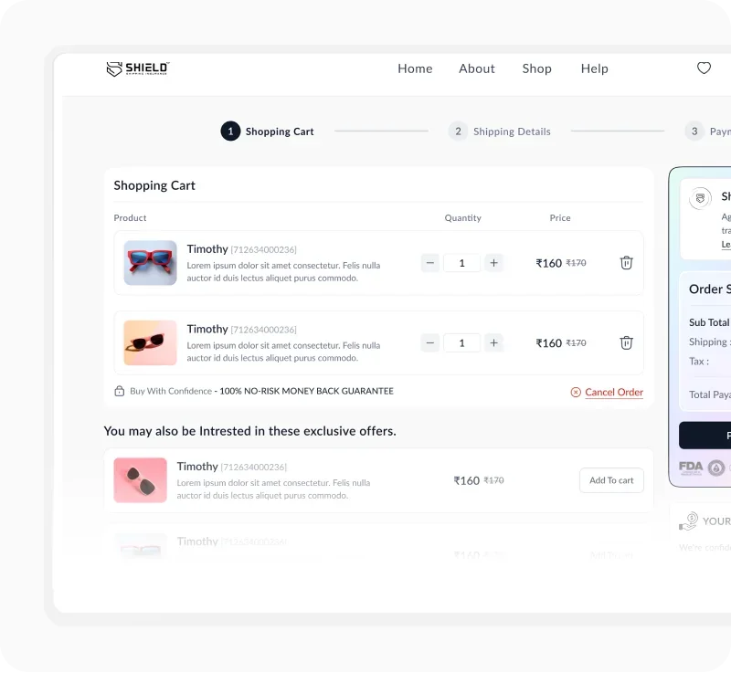 Shopify cart with SHIELD Insurance product upsells in the checkout flow
