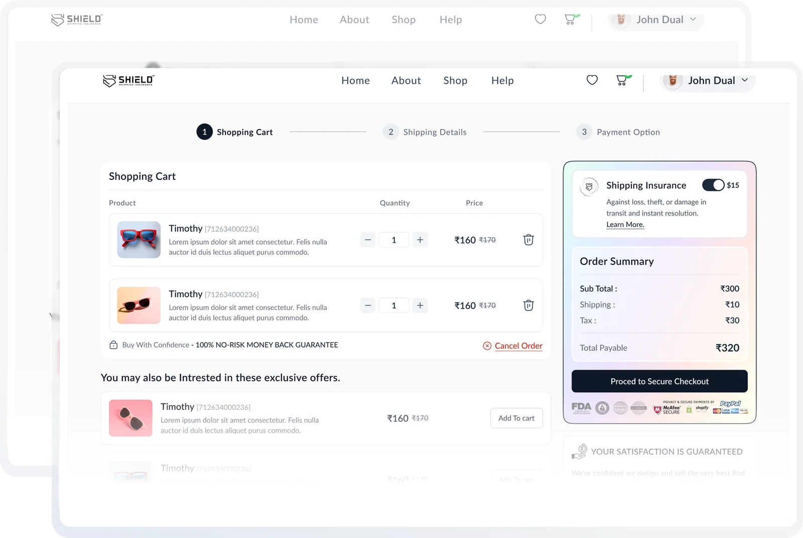 Shopify shopping cart with SHIELD Insurance shipping protection offered as a checkout add-on